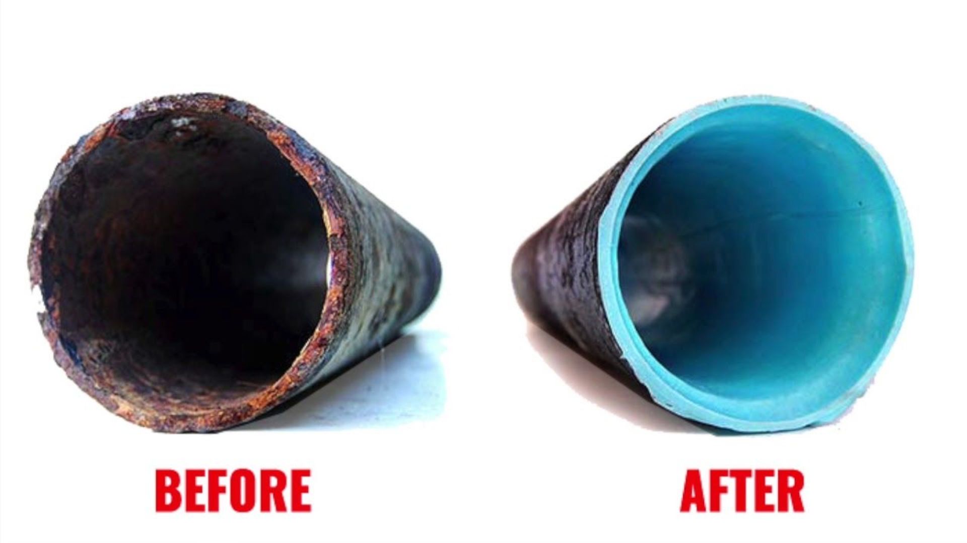 Before and after pipe relining showing a corroded blocked pipe restored with a smooth blue liner in Brisbane