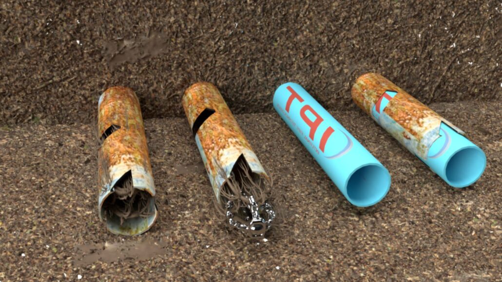 A comparison between rusted and new plumbing pipes with roots growing through the old pipes