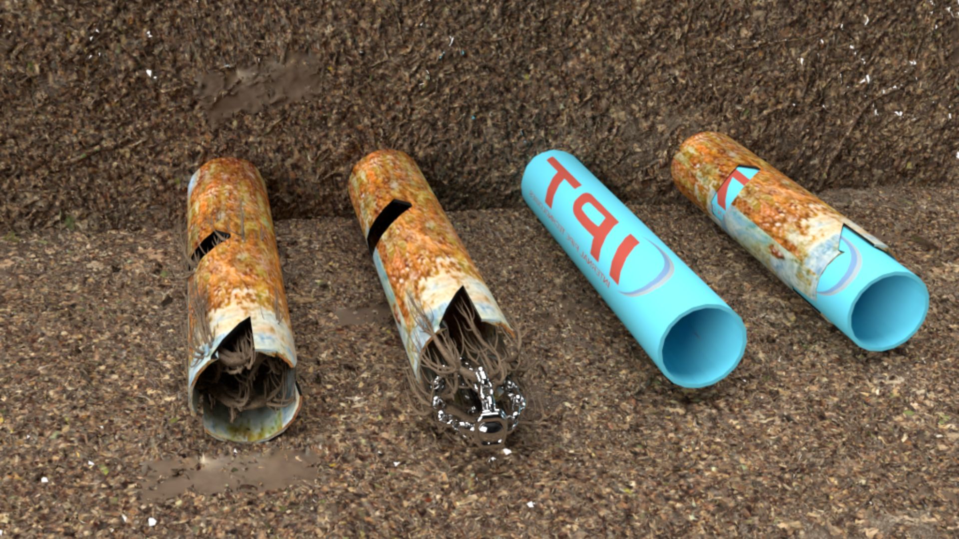 A close-up view of broken pipes in the ground, one of which is rusted and cracked, exposing roots inside, while the other is a new, blue PVC pipe.