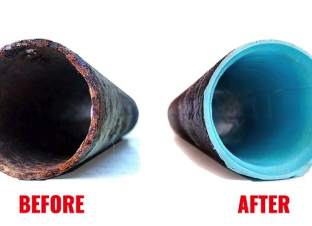 Before and after pipe relining showing a corroded blocked pipe restored with a smooth blue liner in Brisbane