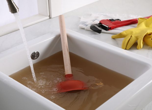 A kitchen sink filled with dirty water, with a red plunger placed in it. The faucet is running water, and yellow rubber gloves and a pipe wrench are placed beside the sink on the counter.